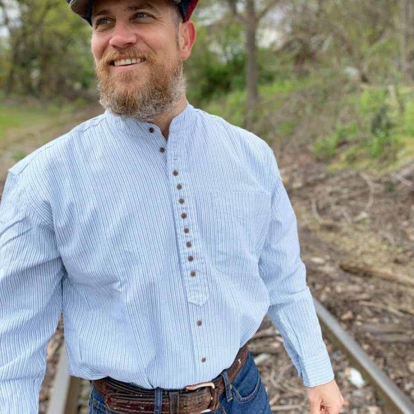 Collarless Irish Grandfather Shirt – Blue & Green Pinstripe