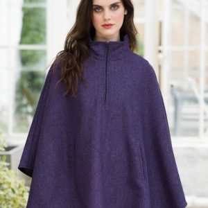 Ladies Half Zip Tweed Poncho – Purple Herringbone