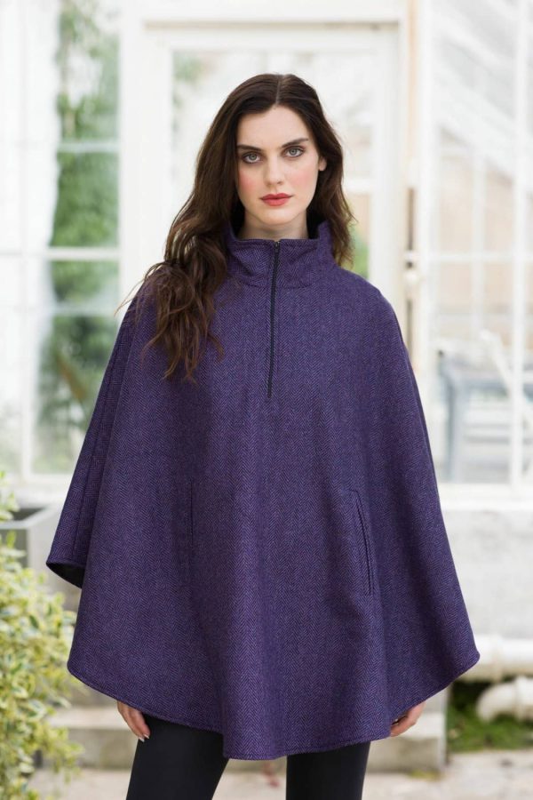 Ladies Half Zip Tweed Poncho – Purple Herringbone