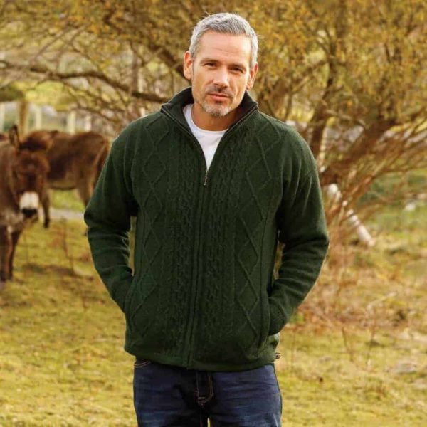 Irish Wool Aran Zip Up Cardigan For Men – Green