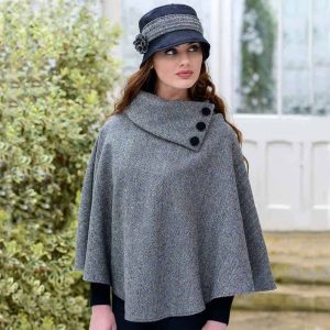 Ladies Three Button Wool Poncho – Gray Herringbone