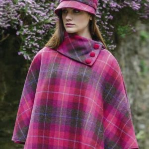 Ladies Three Button Wool Poncho – Red Plaid